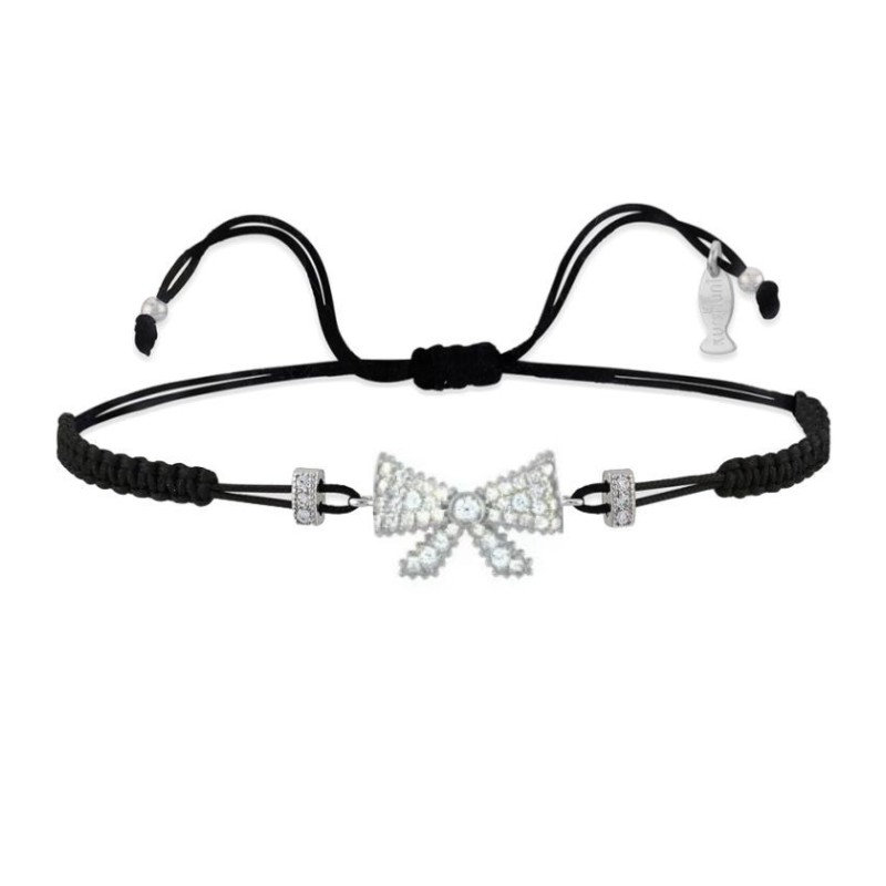 Bracciale Filo Macrame Nero con Fiocco Argento • Kurshuni