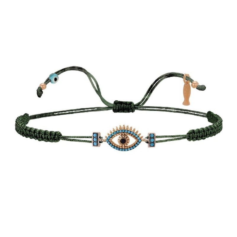 Bracciale Filo Macramè Verde con Occhio a sfere azzurre • Kurshuni